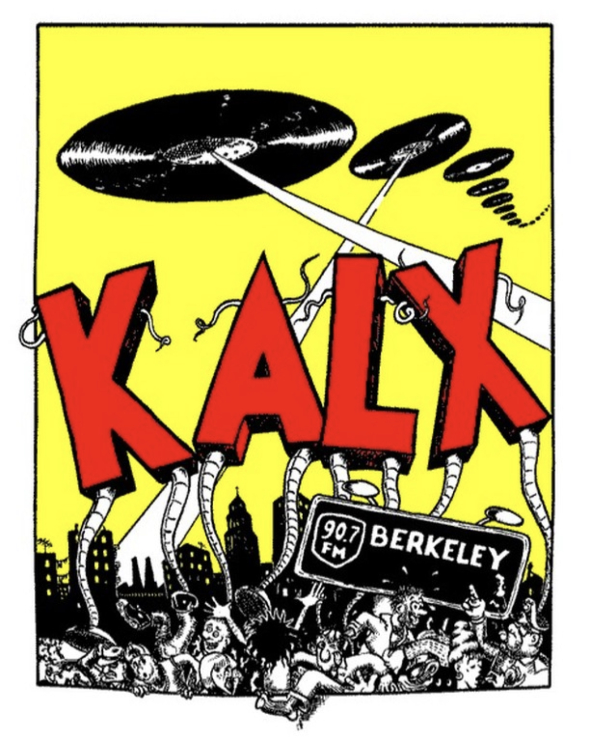 kalx in red letters above a cityscape with flying vinyl recorders in the sky above shooting lasers at the city