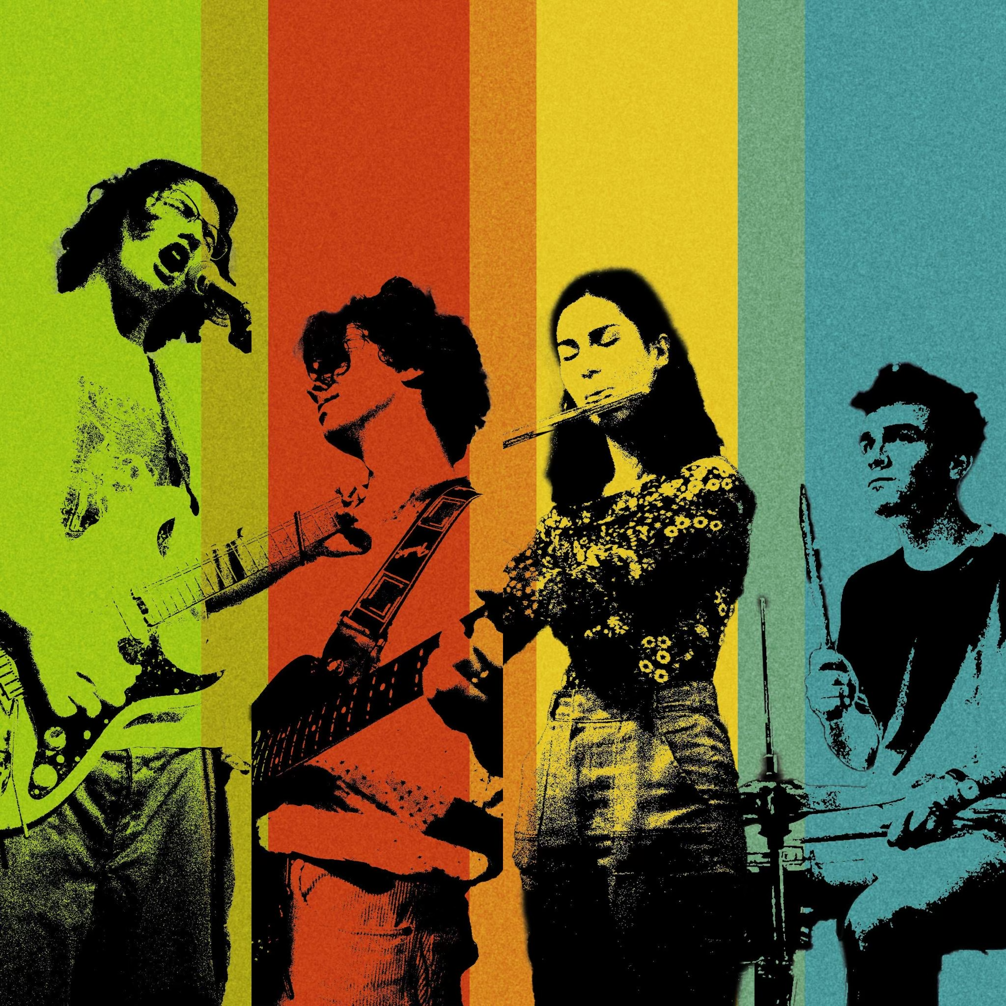 Vertical color strips behind stylized black and white band member images .