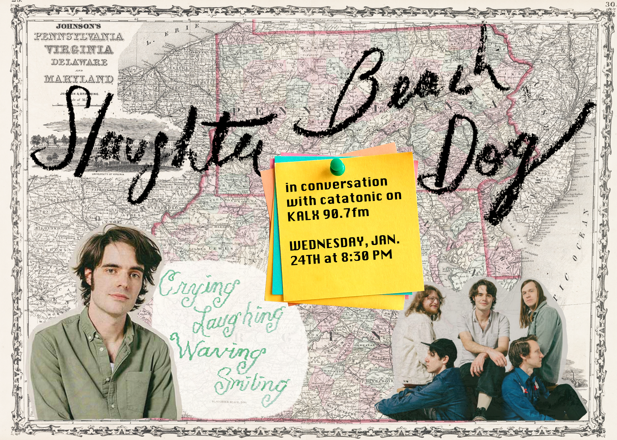 Members of the band, Slaughter Beach, Dog, superimposed over a map illustration.
