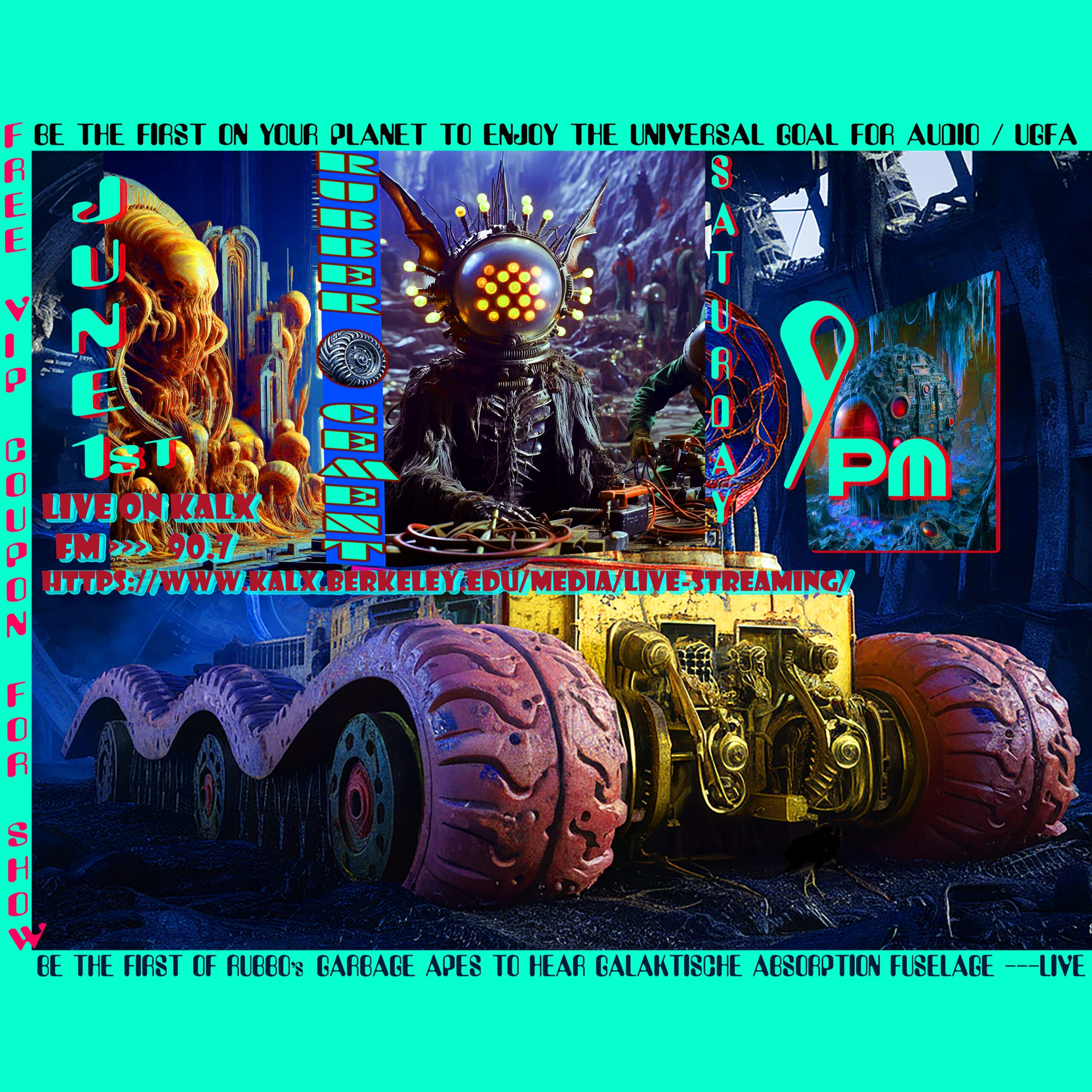 Sci-fi inspired collage of stylized aliens and space vehicles.