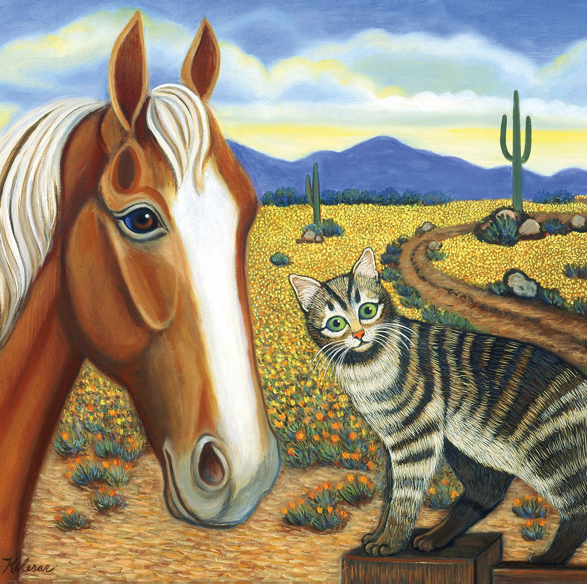 Horse and cat painting with mountains in the background.