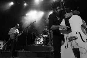 black and white photo of a concert, man playing stand up bass in the foreground and a guitarist and drummer behind him