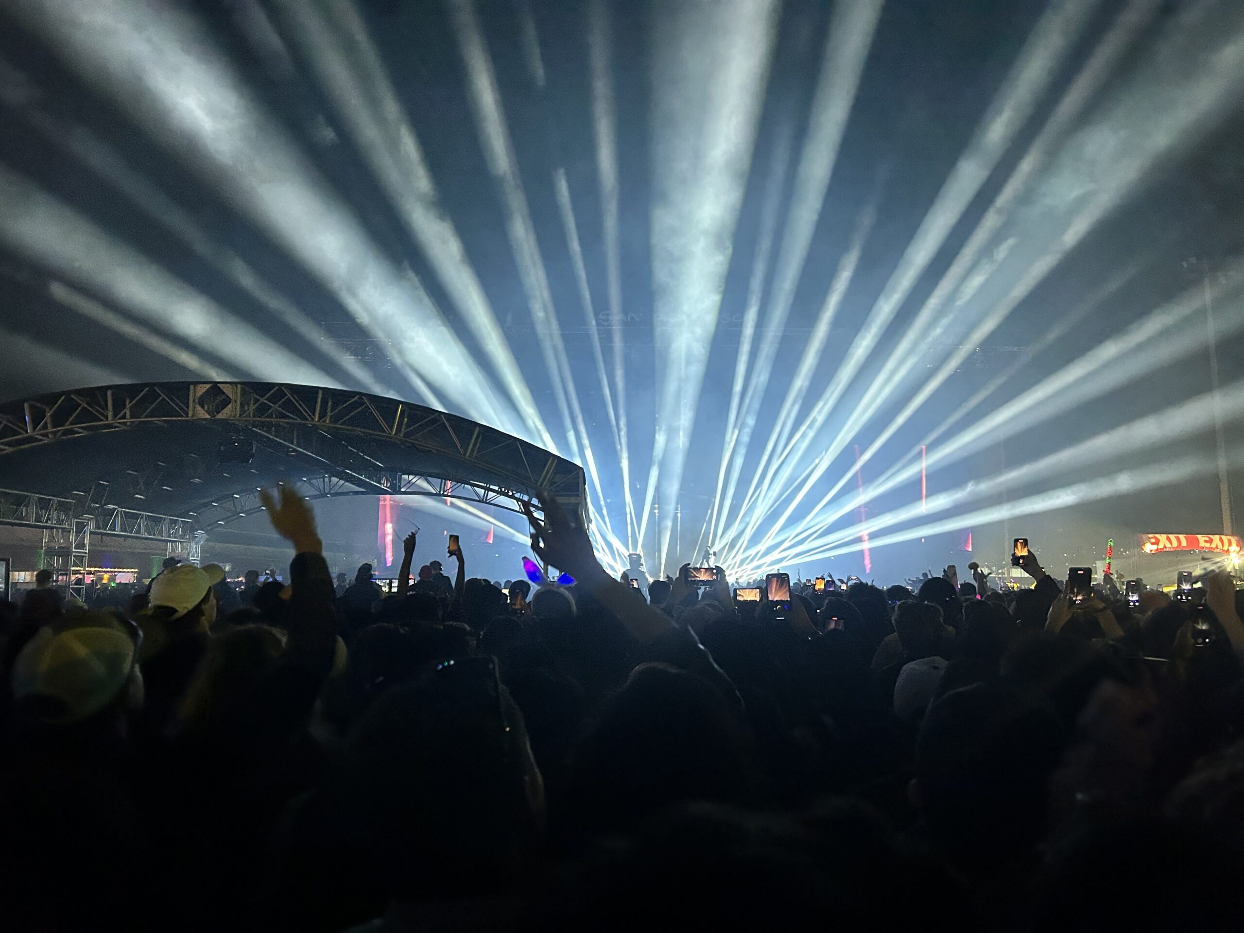 Image from the back of a large crowd at a music festival with stage lights spread out