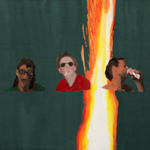 Album art of Manning Fireworks by MJ Lenderman. Painted green background with a orange streak, profiles of three people