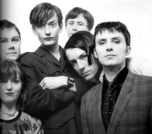 Black and white photo of the members of Pulp