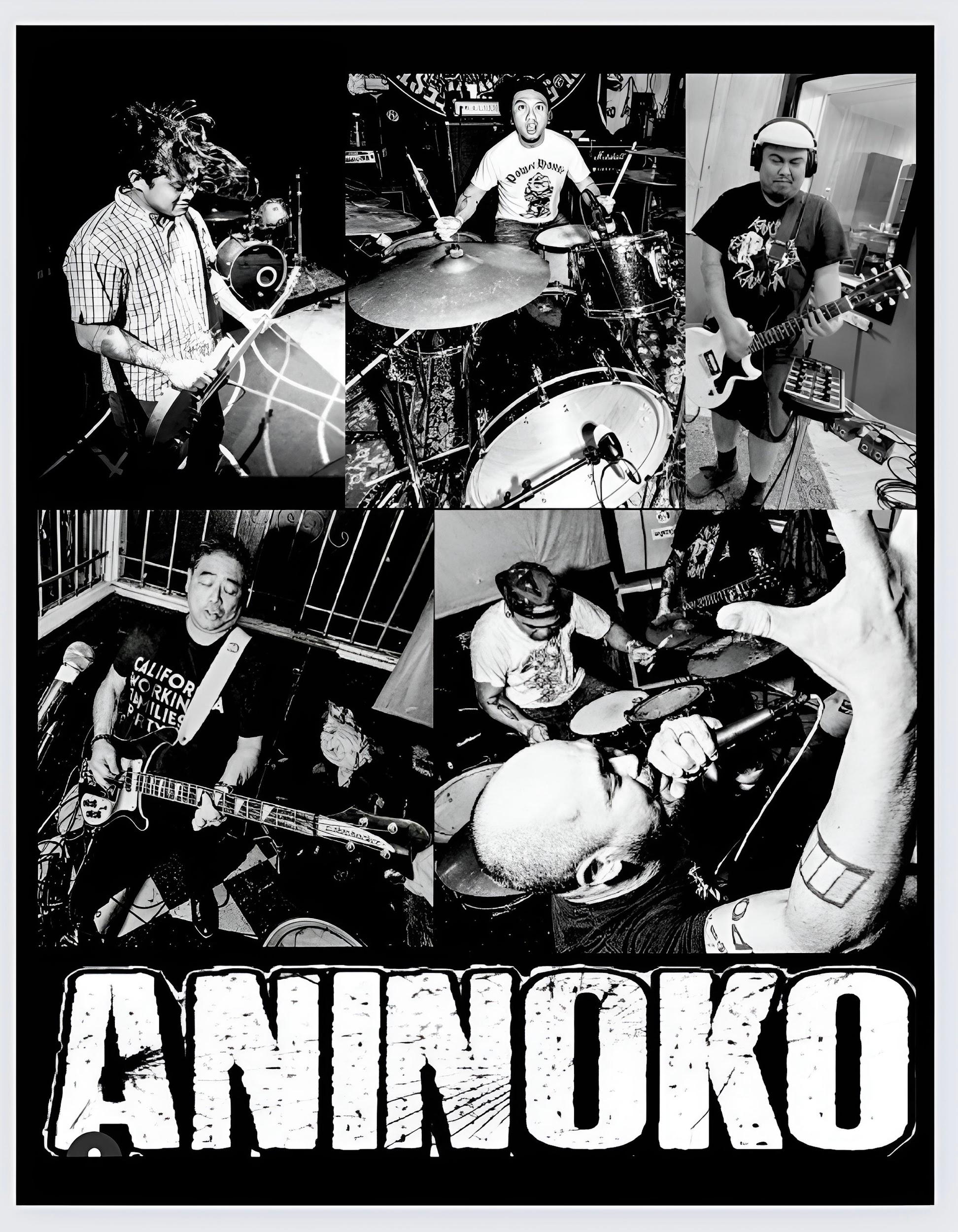 Black and white rock band poster featuring photos of each member playing their instrument