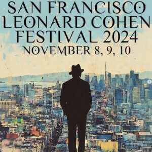 Poster for festival showing Cohen standing above a city.