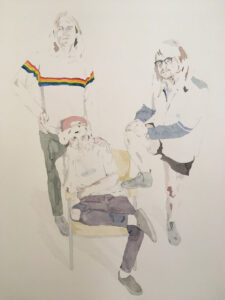 Painting of three bandmates, one sitting on a chair and two standing