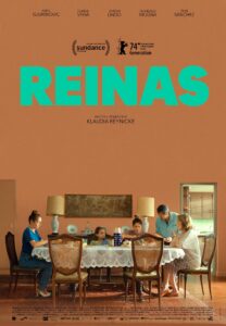 Movie poster for Reinas, a family sitting at a dining table with orange background