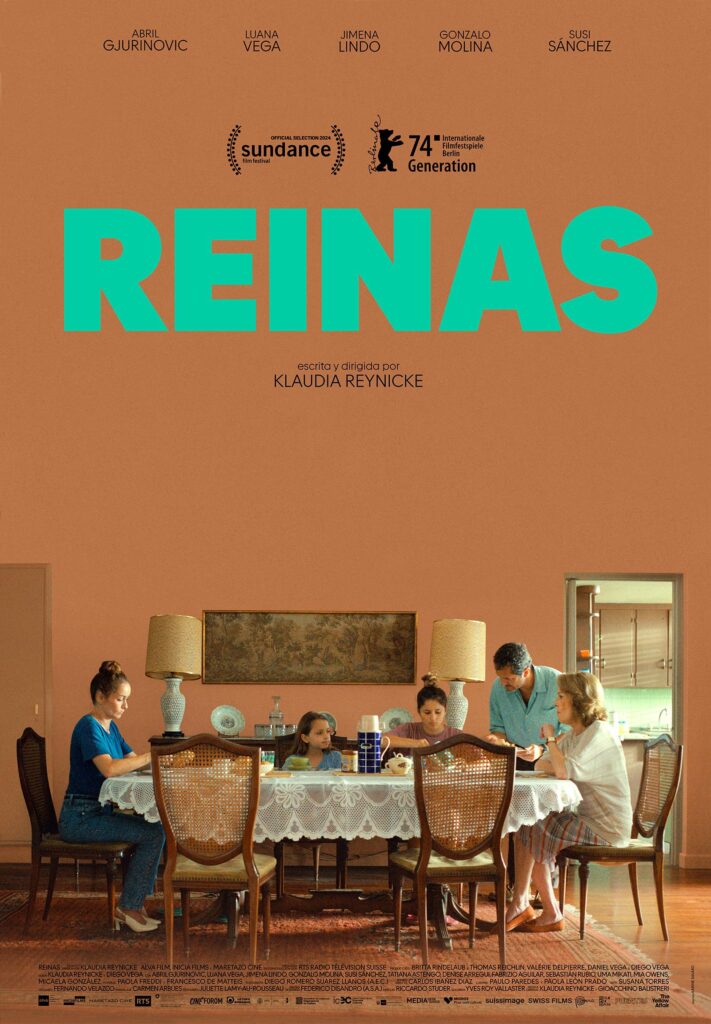 Movie poster for Reinas, a family sitting at a dining table with orange background