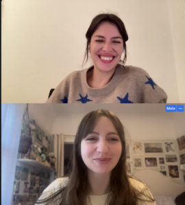 Screenshot of a video conference, filmmaker Klaudia Reynicke at top, Dahlia Kapelke of KALX at bottom